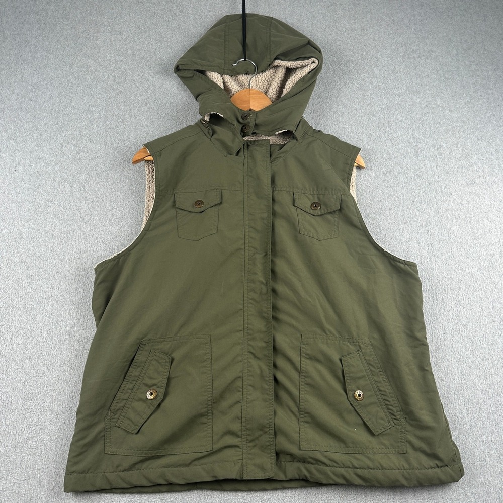 Sonoma Vest Womens XL Life Style Olive Green Sherpa Lined Hooded Utility